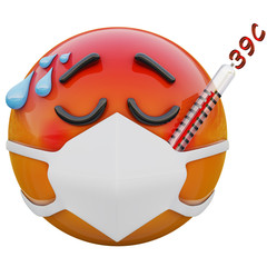 3D render of fever and Thermometer yellow emoji face in medical mask protecting from coronavirus 2019-nCoV, MERS-nCoV, sars, bird flu and other viruses, germs and bacteria and contagious disease.