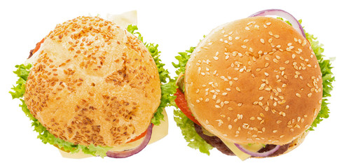 fresh tasty burgers isolated on white background. Top view