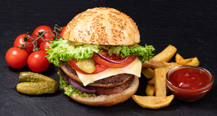 Big burger with french fries on dark background