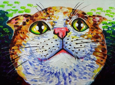Art painting  oil color Smiling cute cat from Thailand , meaow
