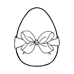 Easter egg with a bow-Doodle style . A black-and-white image isolated on a white background.Festive egg with a ribbon.Coloring.Outline drawing by hand.For postcards, decorations for Easter.Vector 