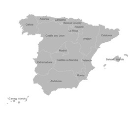 Fototapeta na wymiar Spain region map with name labels. Gray background. Perfect for business concepts, backgrounds, backdrop, poster, sticker, banner, label and wallpaper.
