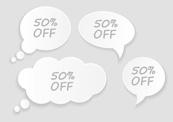 White paper cut speech bubbles on transparent background.