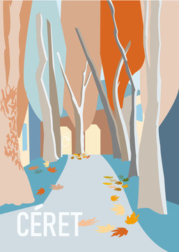A travel poster depicting a small French village Ceret in French Catalonia, Eastern Pyrenees