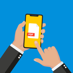 PDF file on smartphone screen. Hand holds smartphone, finger pointing at screen. Read, download, view PDF on phone, mobile device. Modern graphic for web banners, website. Flat design vector
