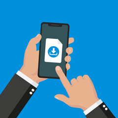 Hand holding smartphone with file download button on the screen. Downloading process concept. Flat vector illustration.