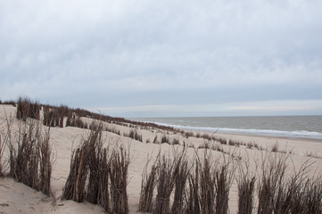 Fototapeta premium Strand im Regen mit grauen Wolken