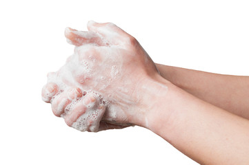 Woman wash hands, isolated on white background