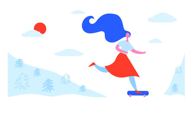 Obraz na płótnie Canvas flat vector cartoon woman riding a skateboard outdoors with the wind in hair horizontal concept summer healthy lifestyle