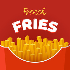 French fries tasty fast street food in red paper carton package box with lettering inscription advertising poster design. Vector potato fry restaurant banner or promotional flyer template