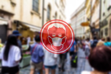 Stop COVID-19. Coronavirus is coming to European city. Be ready to use protective or medical antivirus, antibacterial mask, healthcare. Caution