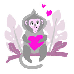 vector monkey marmoset wild kid animal with heart love card cartoon child design 