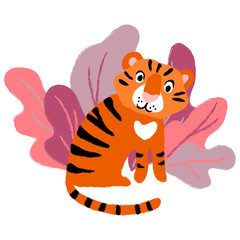 Fototapeta na wymiar vector tiger cub baby wild animal in leaves cartoon cute childish card textile paper design