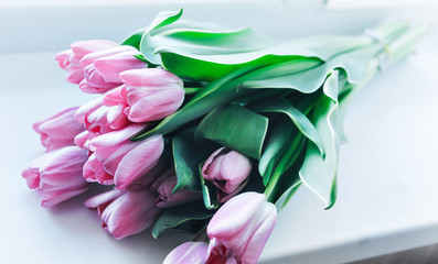 a bouquet of cut tulips lies on a white surface . gift bouquet on a light table
