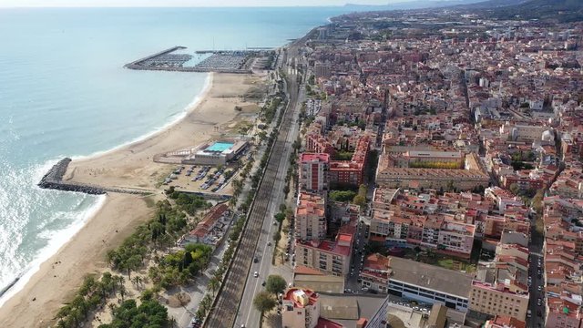 Aerial view of Mataro with buildings and coast line in the Spain