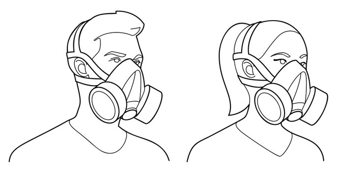 Man and woman wearing respirators, vector illustrations of a gas mask in black outlines.