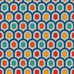 Seamless surface pattern with repeated ancient shields. Geometric figures background. Simple ornament with scale motifs.