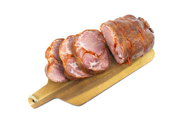 Chosco on kitchen table on white background. Sausage concept.