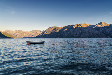 Sunny morning view of Kotor bay near village Dobrota, Montenegro.