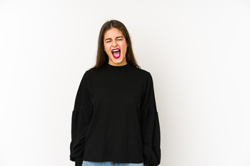 Fototapeta premium Young caucasian woman isolated on white background shouting very angry, rage concept, frustrated.