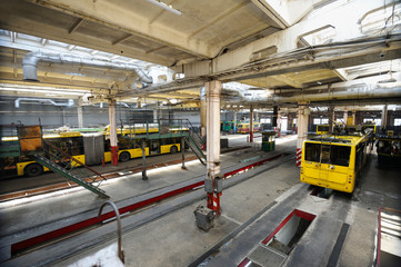 Trolleybuses parked at the trolley depot hangar for technical inspection, depot maintenance