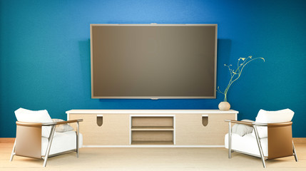 TV cabinet and display japanese interior of dark blue living room and the black background for editing. 3d rendering
