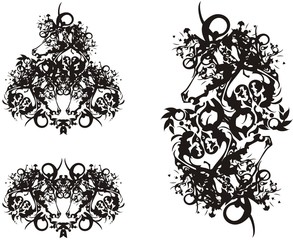 Abstract black and white horse head symbols. Ornamental double and triple horse head symbols on a white background for your design