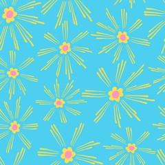 Seamless colourful pattern with decorative abstract ornament yellow lined seasonal flowers on light blue background. Can be used for printing on paper, stickers, badges, bijouterie, cards, textiles. 
