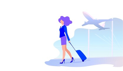 Vector illustration of a young woman walking with a suitcase at the airport, girl stewardess hurries to the plane