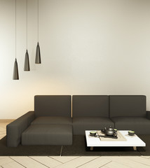 Interior mock up with black sofa and decoration japanese style on zen room. 3D rendering