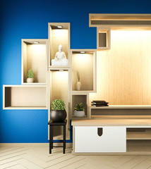 Shelf wooden in wall room dark blue zen style and decoraion japanese wooden design.3D rendering