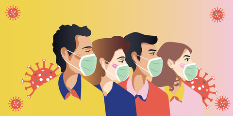 Man and woman wear medical mask, People who are in anxiety and fear because of the corona virus. illustration.Vector