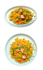 Collage of delicious pilaf on white background