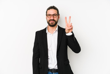Young caucasian business man isolated on a white background showing number two with fingers.