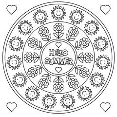 Hello Summer. Coloring page. Black and white vector illustration.