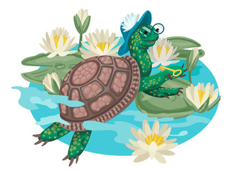 Turtle in glasses and hat. Cartoon vector illustration