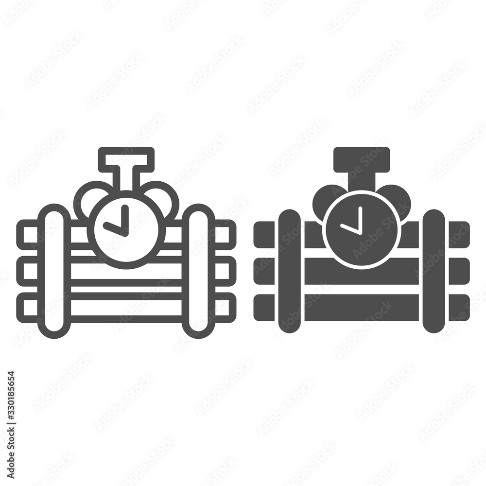 Poster dynamite line and solid icon. countdown counter bar and bomb, blast with clock symbol, outline style
