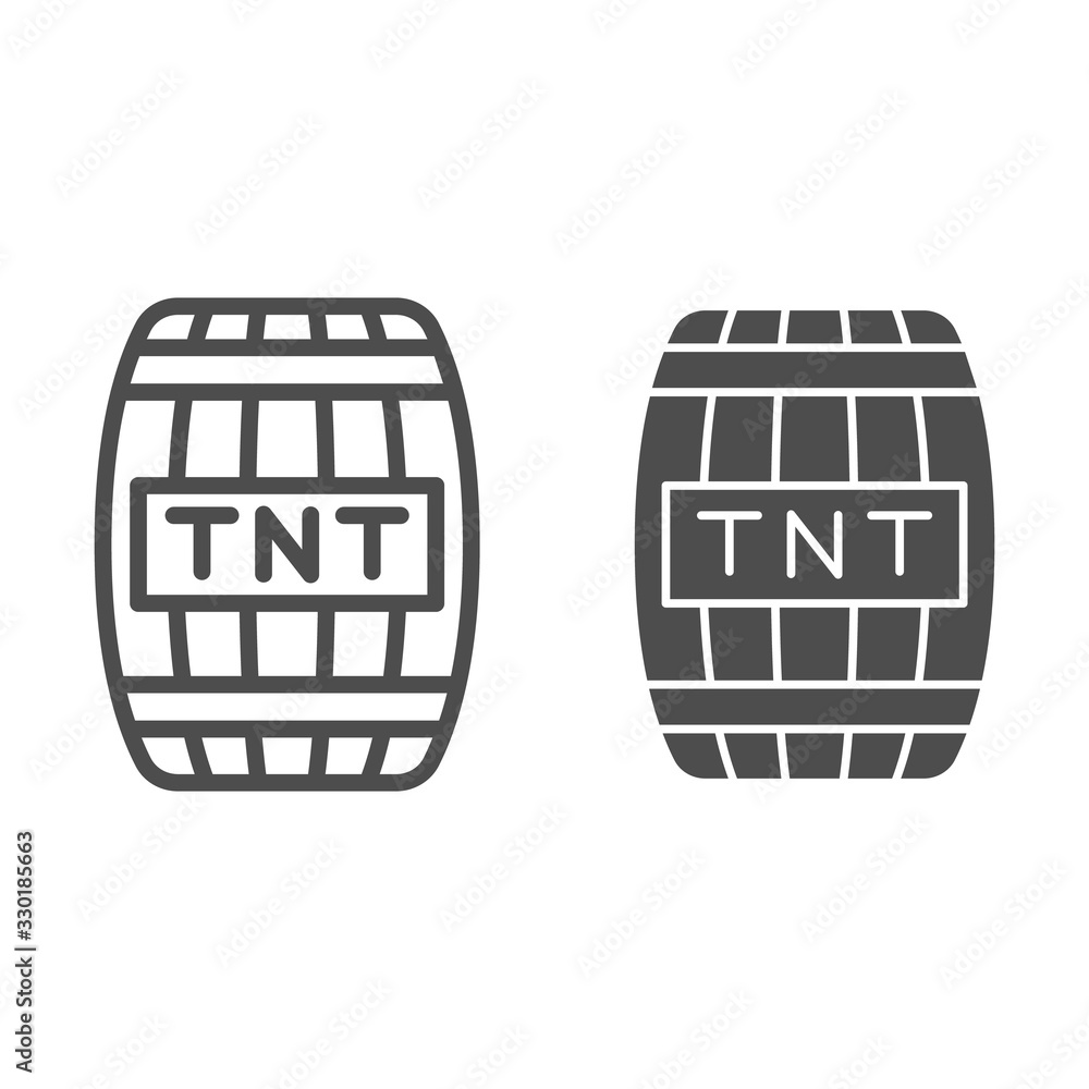 Poster explosive dynamite barrel line and solid icon. wooden barrel with firework and text symbol, outline 