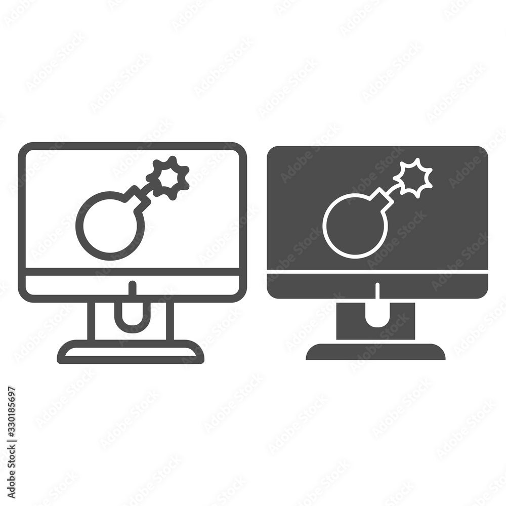 Poster bomb on monitor line and solid icon. hacked computer with dynamite, virus on screen symbol, outline 