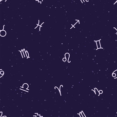 Seamless zodiac pattern of horoscope signs on a dark space background with stars