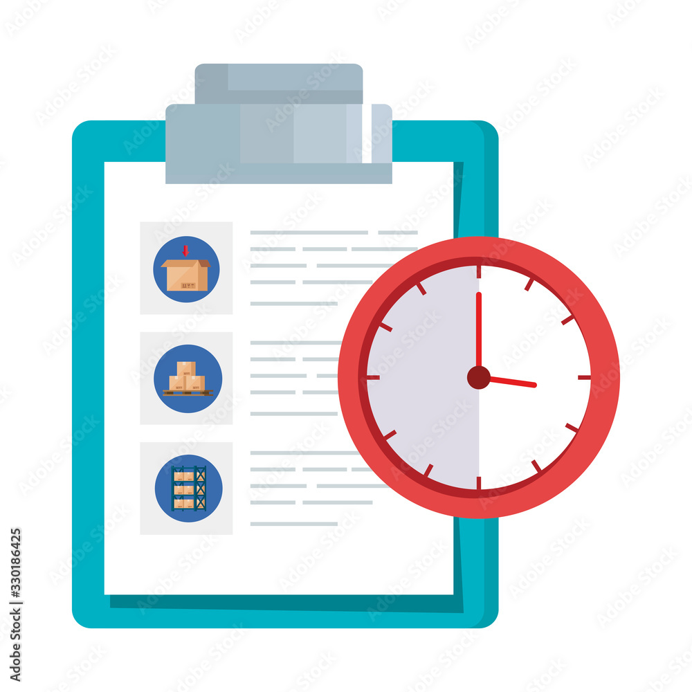 Poster clipboard with paper document and clock vector illustration design