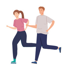 Obraz premium cute couple practicing exercise avatar characters vector illustration design