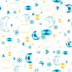 Yellow sun, blue star, circle, pattern seamless on gray background