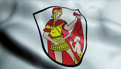 3D Waving Germany City Coat of Arms Flag of Marktoberdorf Closeup View
