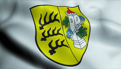3D Waving Germany City Coat of Arms Flag of Marbach am Neckar Closeup View