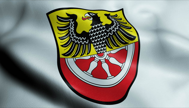 3D Waving Germany City Coat of Arms Flag of Marktredwitz Closeup View