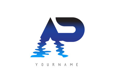 AP A P Letter Logo Design with Water Effect and Deep Blue Gradient.