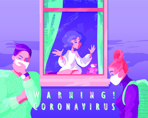 Illustration dedicated to the epidemic of coronavirus in the world and measures to combat the virus, quarantine, medical masks, isolation of children. Template for social banners.