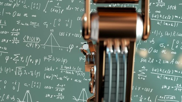Futuristic robot writing on the green board complicated mathematical formulas.