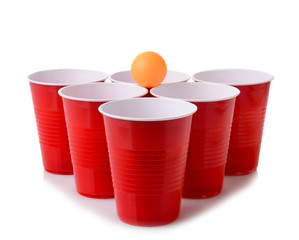 Red plastic cups set up for a game of Beer Pong